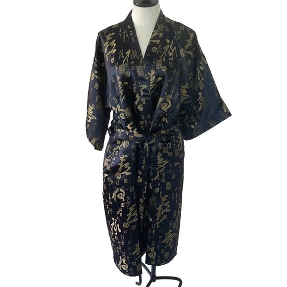 Sheng Tangkuyi Vintage Womens Kimono Robe Size XL Black Gold Satin Belted